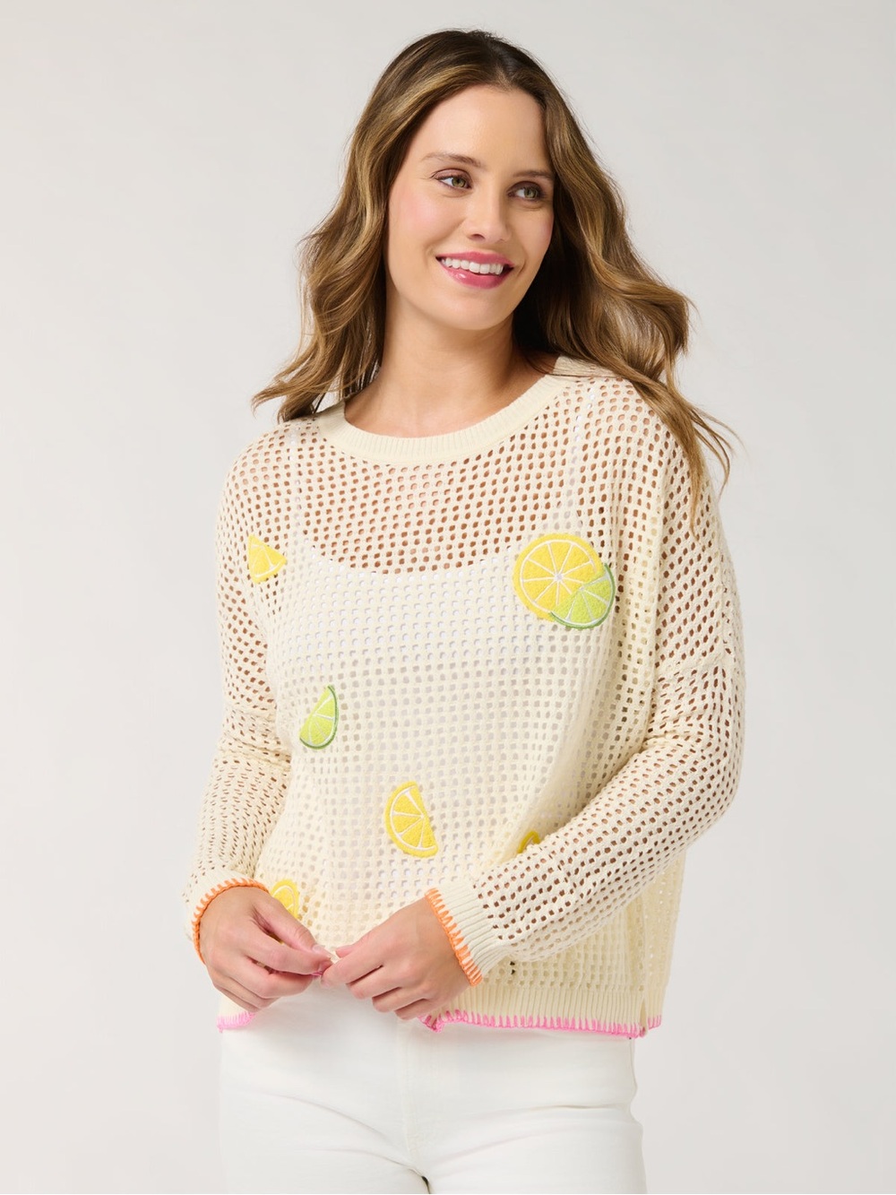 Shiraleah Citrus Mesh Sweater in Ivory with Colorful Lemons & Limes, Size XL